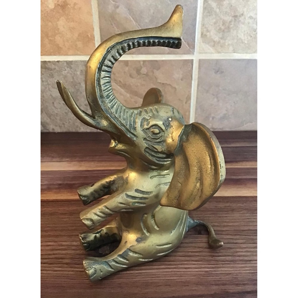 Vintage Solid Brass Elephant Figurine Seated Trunk Up Lucky Mid Century Modern